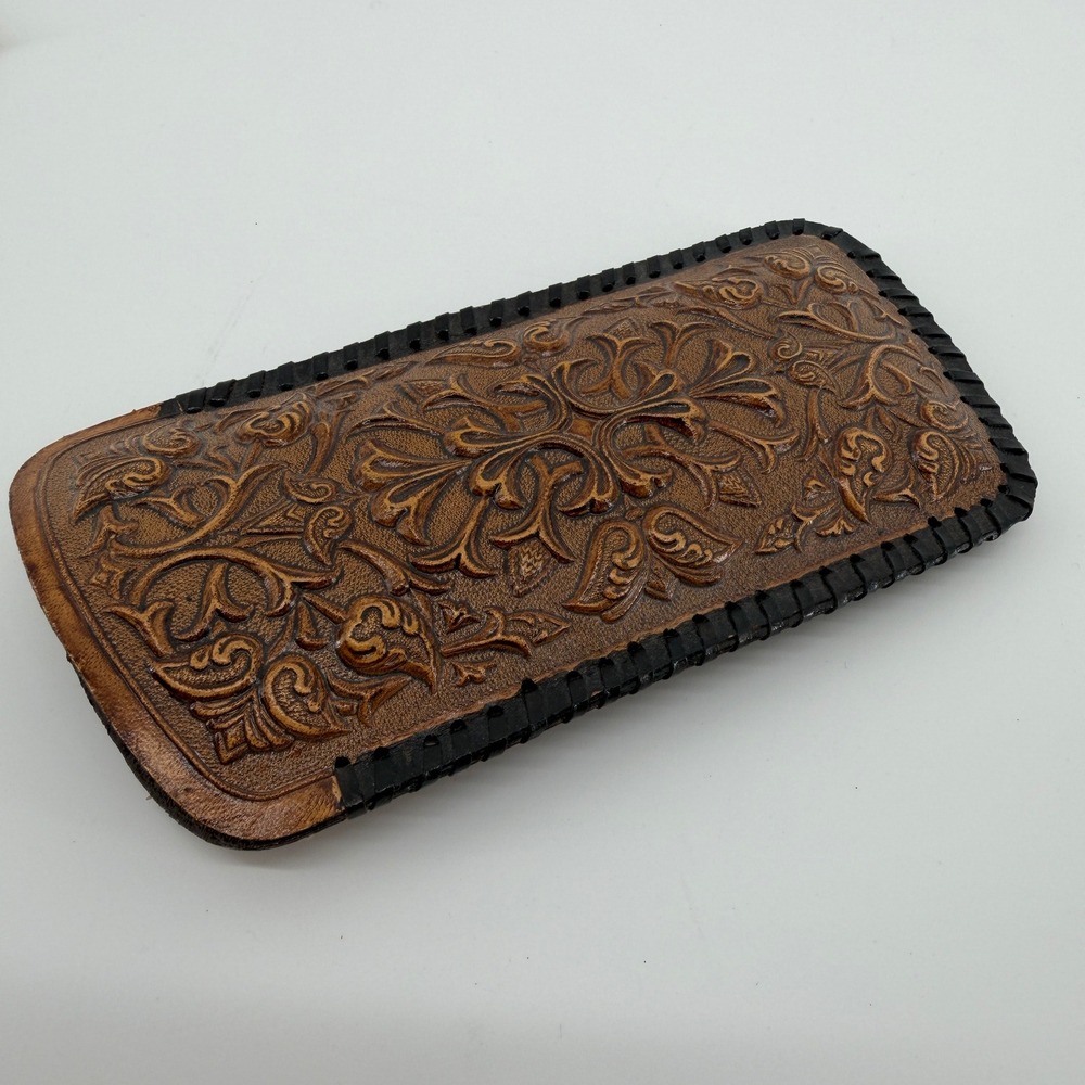 Vintage Hand Tooled Leather Eyeglass Case Western Floral Scene Whipstitch Brown